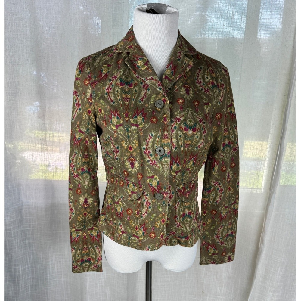 Vintage Liz Claiborne Women Olive Floral Paisley Tapestry Cotton Blazer Jacket S